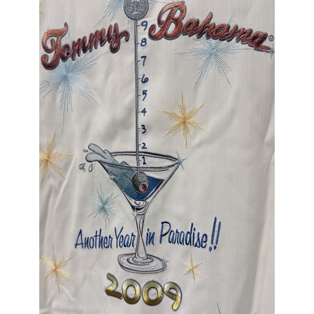TOMMY BAHAMA 100% SILK Embroidered L "ANOTHER YEAR IN PARADISE..2009"